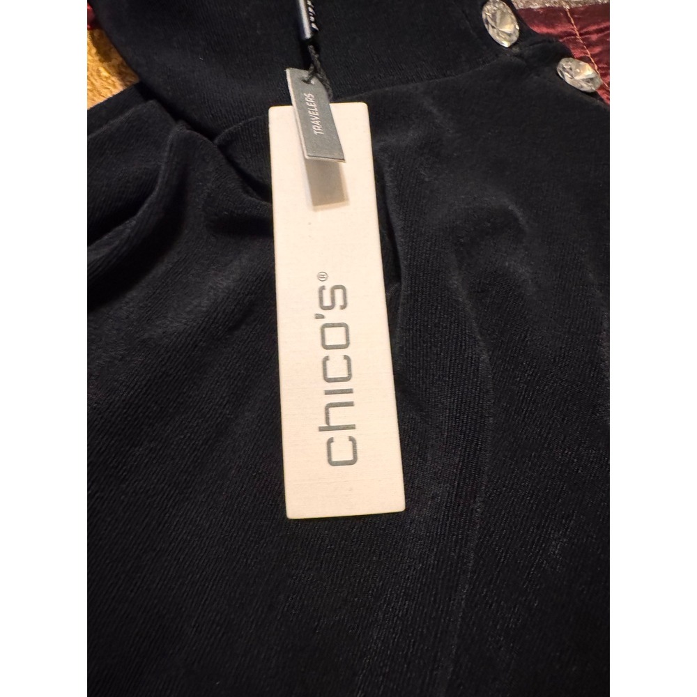 Chico's Travelers Mock Neck Diamond Button Top Black Ribbed LS Blouse Size 1 M - Picture 6 of 8